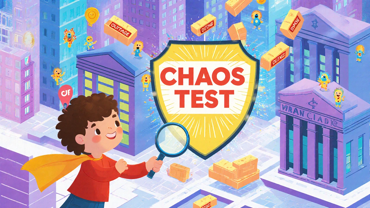 A child using a magnifying glass to protect a city of bank buildings from falling outages with a chaos shield.