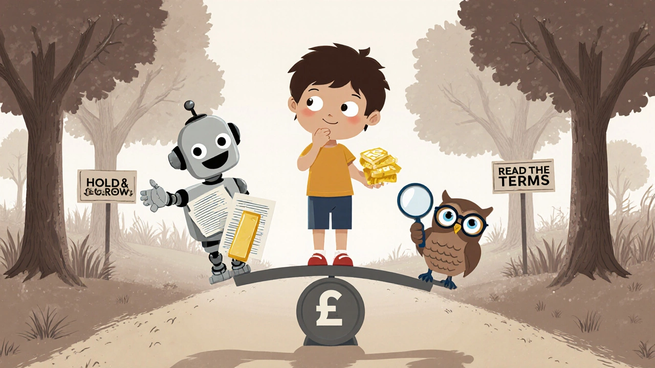 A child weighs a gold bar against a stack of terms, watched by a wise owl holding a magnifying glass over &#039;READ THE TERMS&#039;.