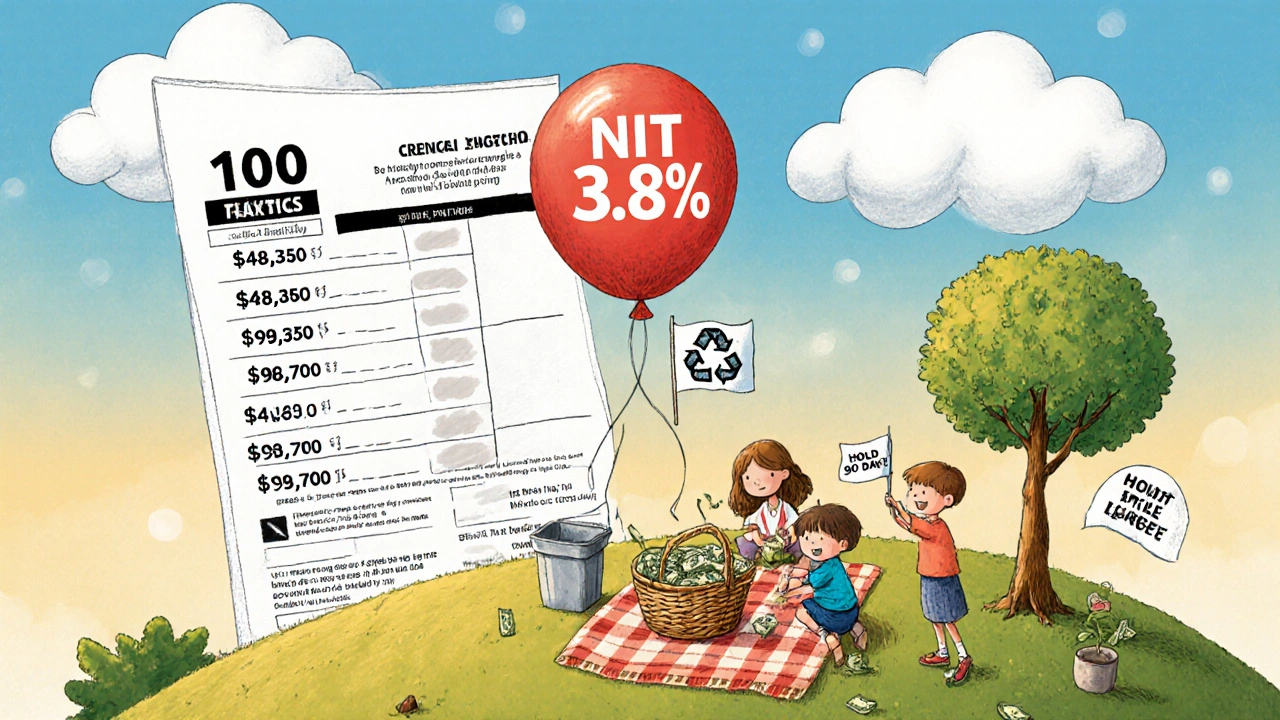 A family picnic under a tax-bracket sky, with a growing money tree and a warning flag being recycled.