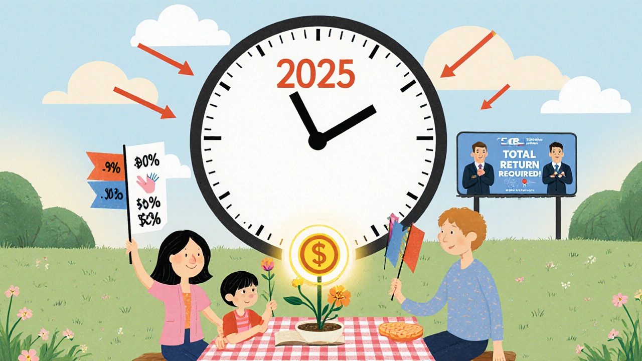 A family picnics with bonds that reflect rising and falling interest rates, with flowers growing from reinvested coupons.