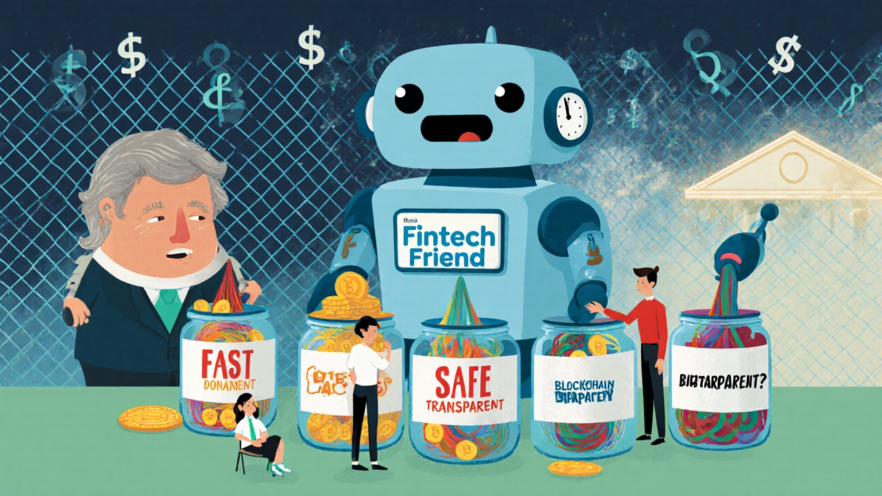 A friendly robot sorts donations into jars labeled Fast, Safe, Transparent while a confused bank teller watches.