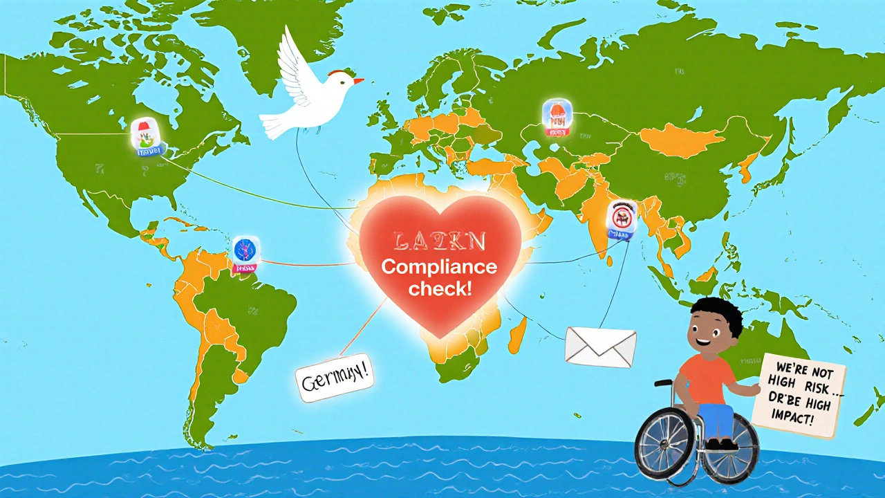 A global map shows glowing donation paths connecting NGOs, with a child holding a sign saying &#039;We’re high impact!&#039;