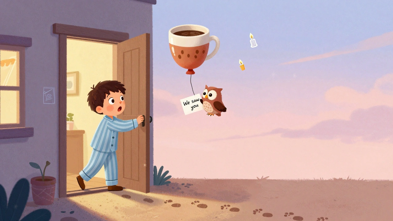 A person in pajamas opens their door to find a floating coffee balloon and a heartfelt note from a friendly owl.