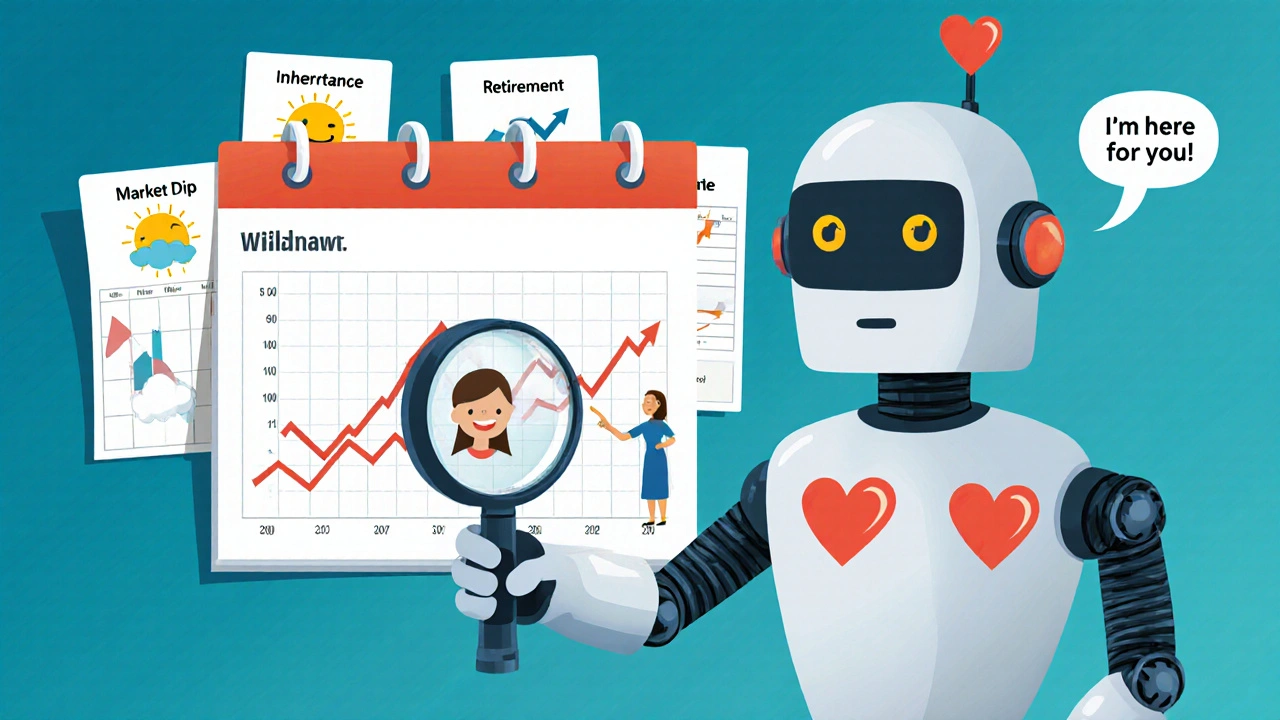 A robot made of hands and hearts guides a client through their portfolio with empathy and care.