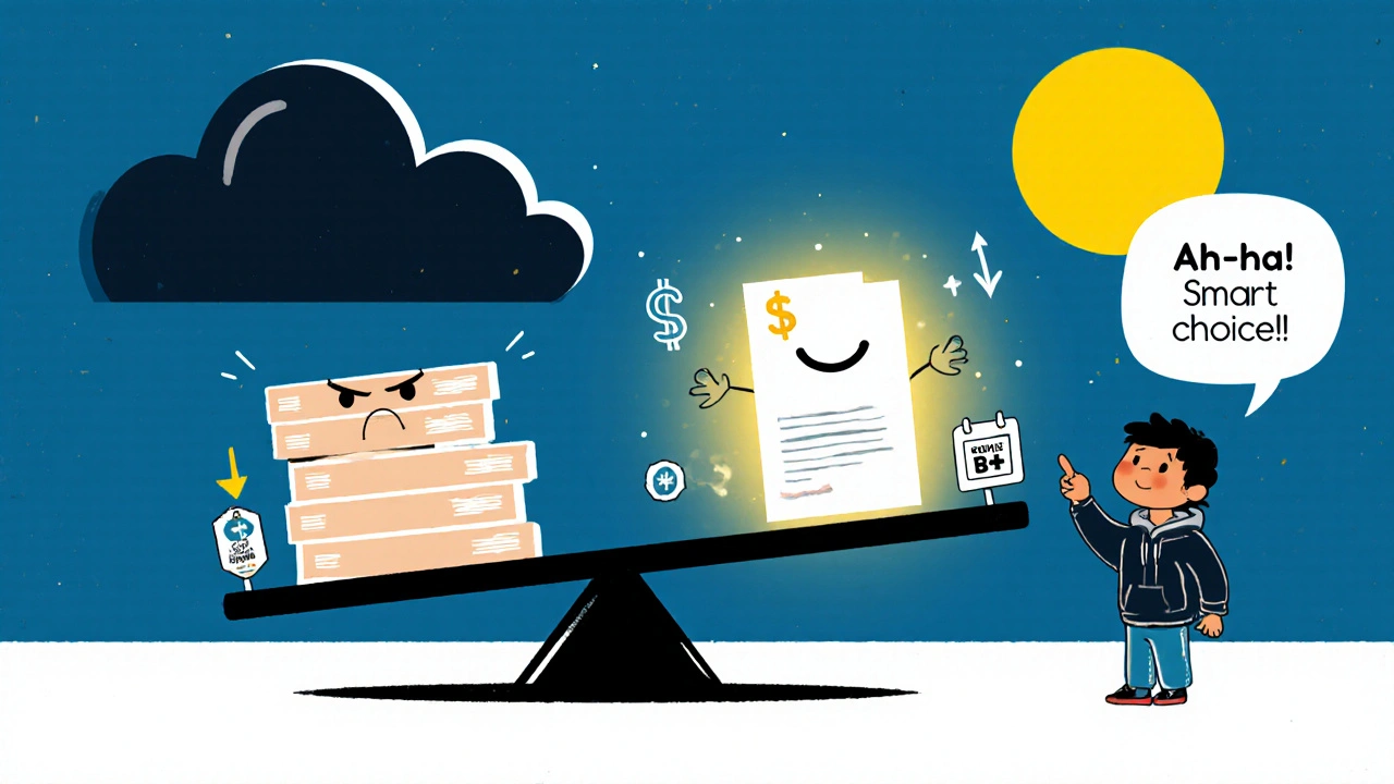 A seesaw balancing worried fixed bonds against a happy floating-rate note under a sunny sky.