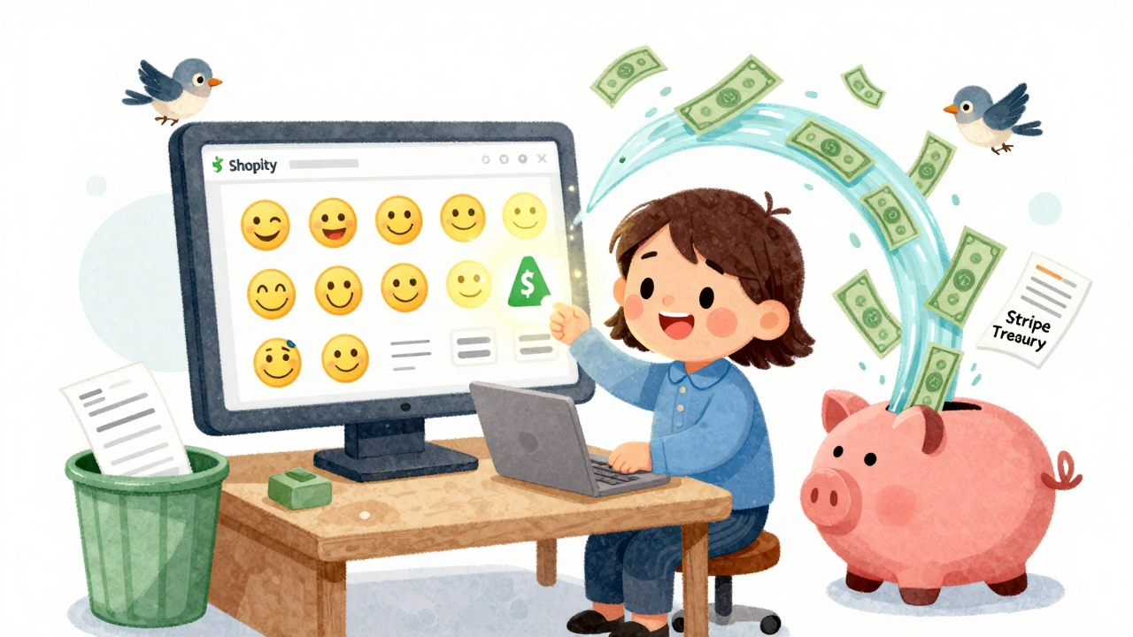 A small business owner&#039;s dashboard shows money flowing into a piggy bank, with paperwork disappearing.