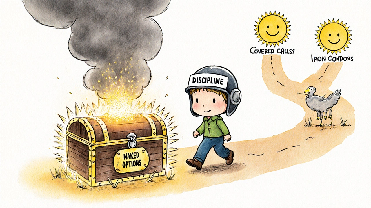 A small trader walking away from a dangerous treasure chest labeled &#039;Naked Options,&#039; toward safer trading paths with sunny signs.
