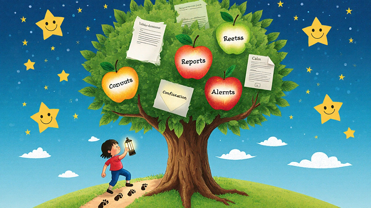 A tree with communication-themed fruits grows as a child climbs toward calm, guided by consistency.