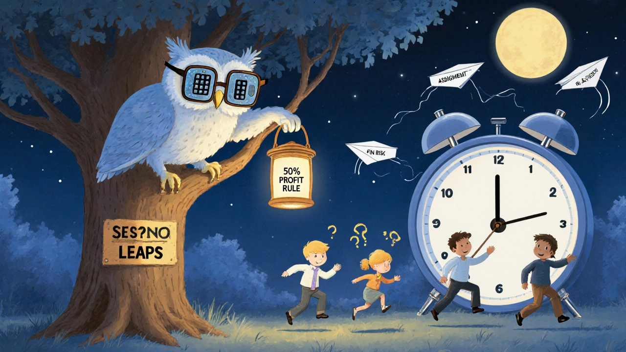 A wise owl gives a child a lantern labeled &#039;50% Profit Rule&#039; near a giant alarm clock.