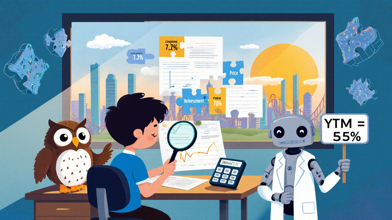 A young investor solves a bond puzzle with an owl guiding them, while a robot holds a wrong YTM sign.