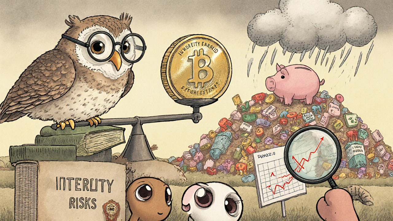 An owl balancing interest earnings against a mountain of financial losses from carry trades.