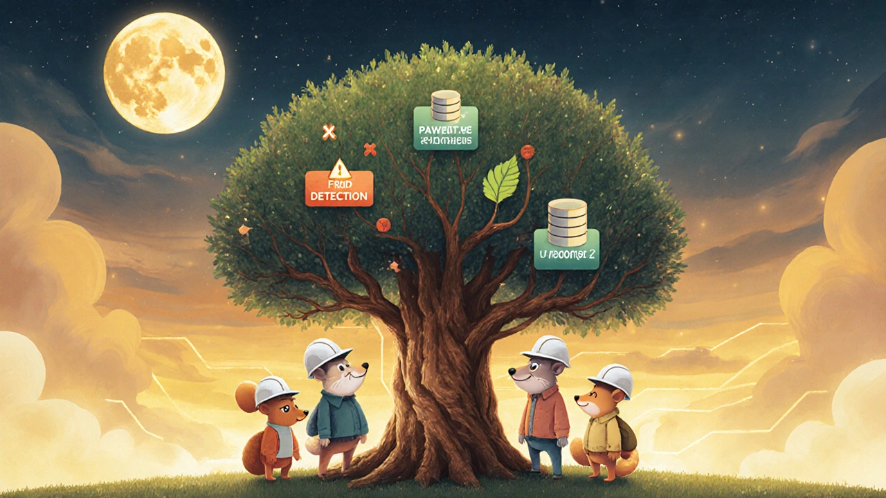 Animal engineers watching a digital tree with one wilting branch and a glowing backup leaf.