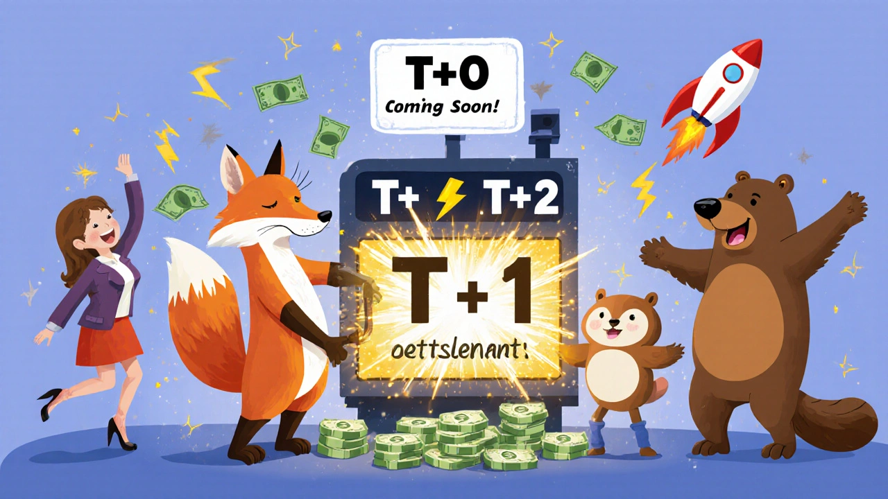 Animals fix a broken T+2 machine and install a sparkling T+1 engine, with investors dancing and a T+0 rocket flying away.