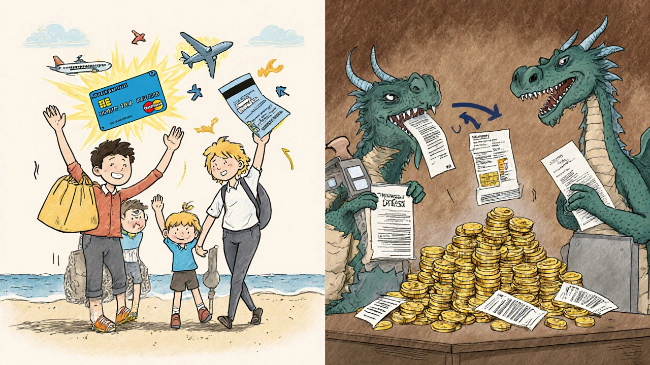 Family enjoys rewards while a restaurant owner is overwhelmed by giant interchange fee coins.