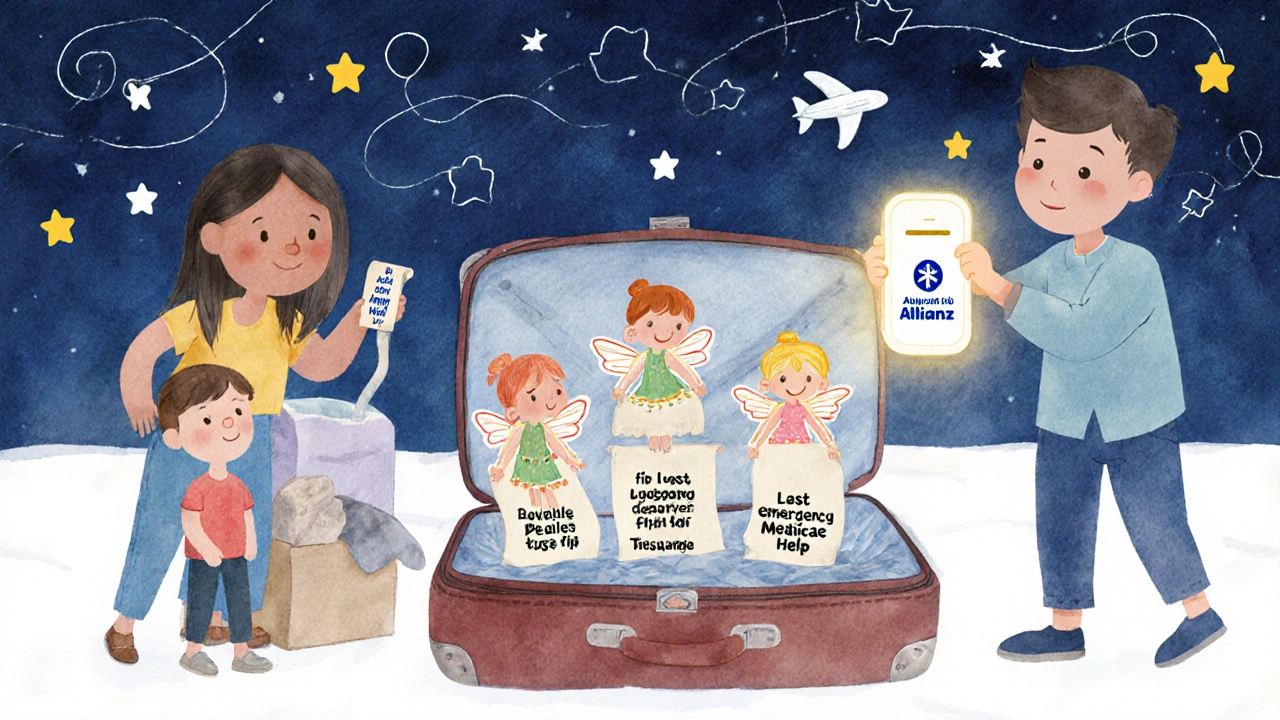 Family packing for a trip as tiny insurance fairies add coverage to their luggage.