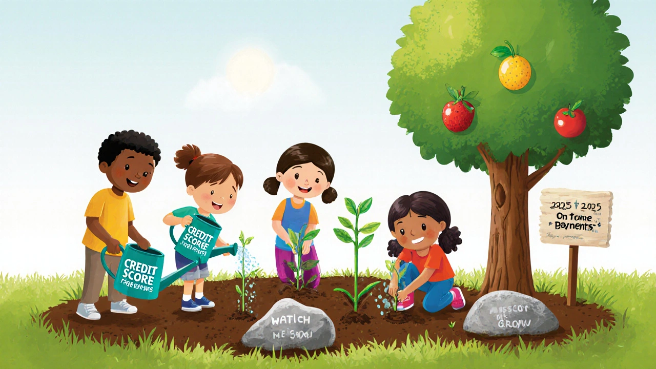 Kids planting BNPL seedlings in a garden, watching one grow into a credit score tree.