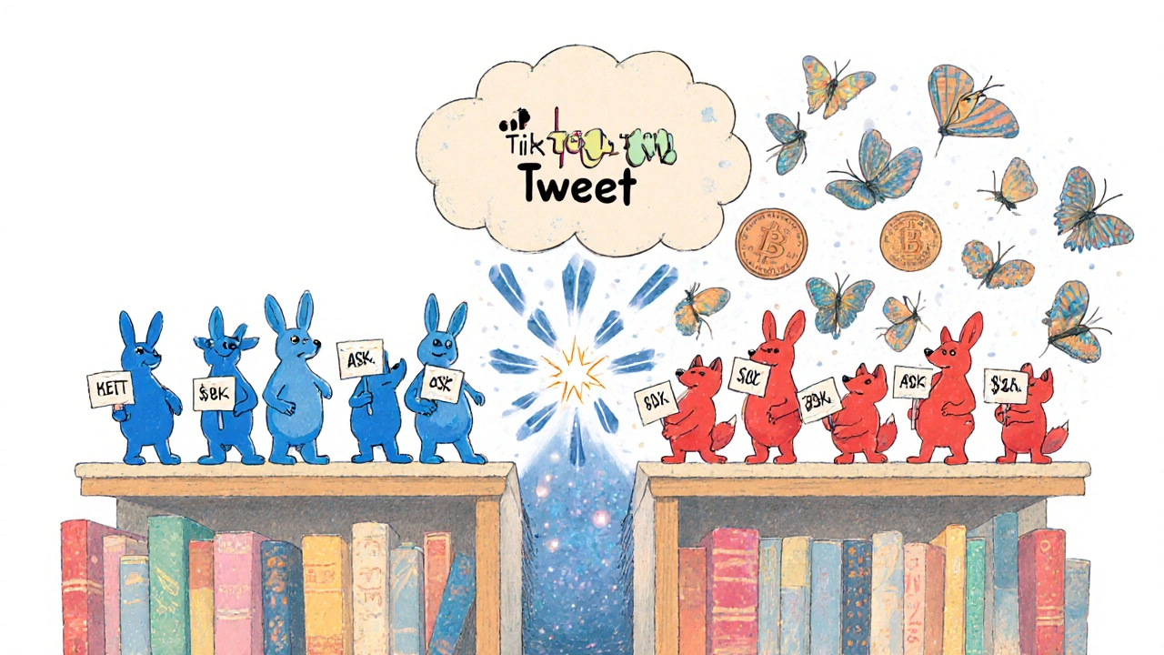 Magical order book with bunnies and foxes trading stock prices, butterflies causing a price surge.