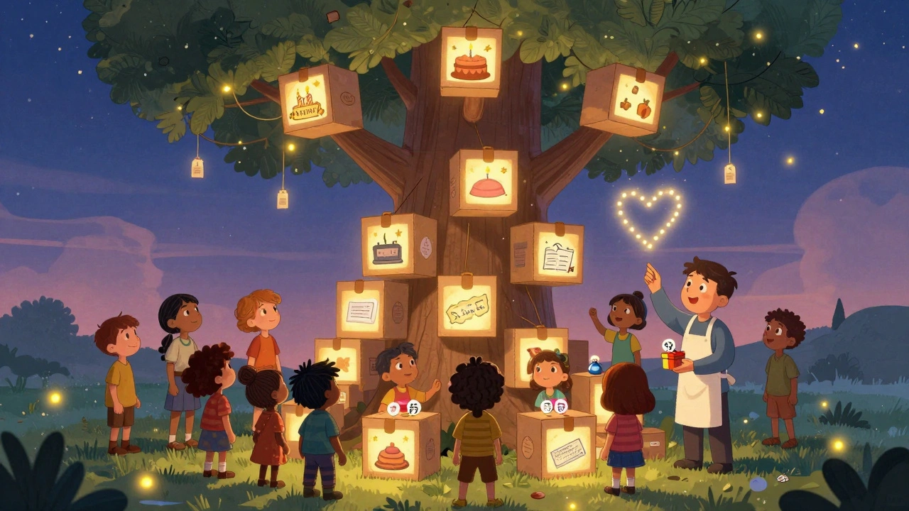 People gather around a glowing tree of memories as a kind figure hands out small thoughtful gifts under a starry sky.
