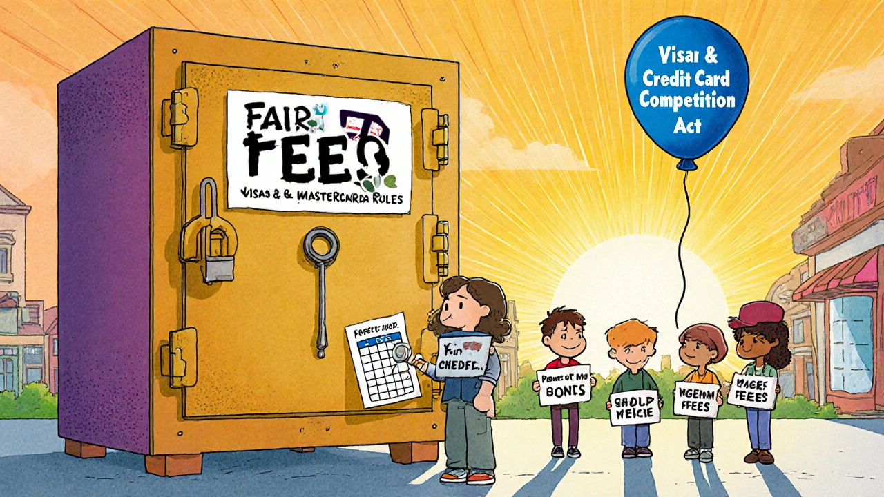 Small business owners demand fair fees in front of a vault labeled Visa and Mastercard rules.