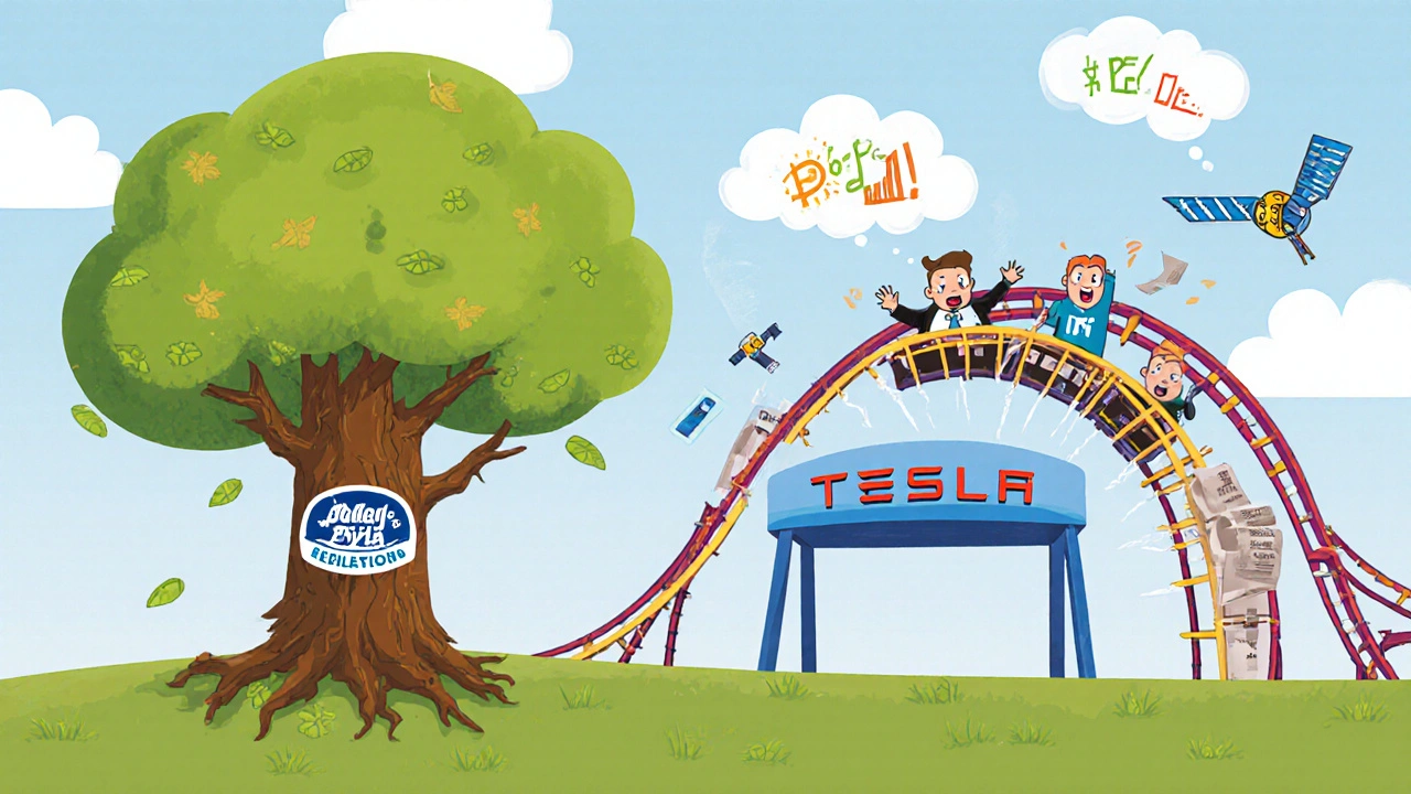 Steady tree vs. rollercoaster stock, with robots and AI watching from the sky in a child-friendly style.