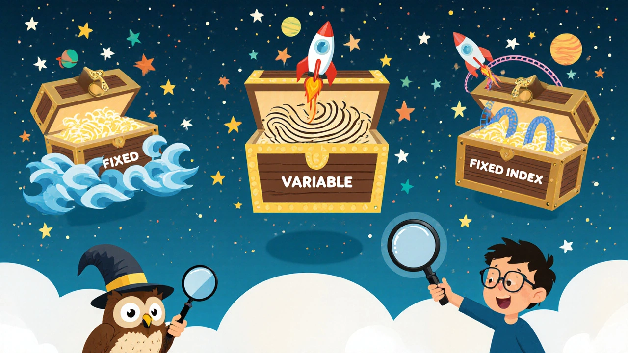 Three magical treasure chests float in the sky, each representing a type of annuity.