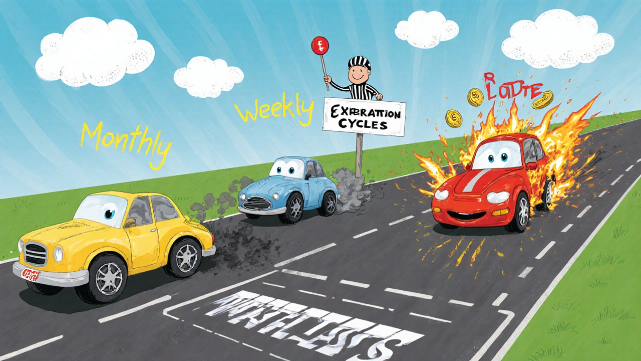 Three racing cars labeled Monthly, Weekly, and 0DTE race toward a &#039;Worthless&#039; finish line.