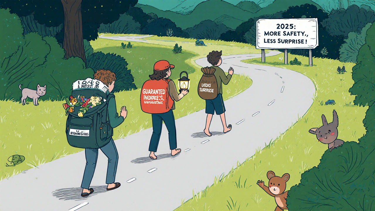 Three travelers walk a retirement path, each carrying different burdens and tools.