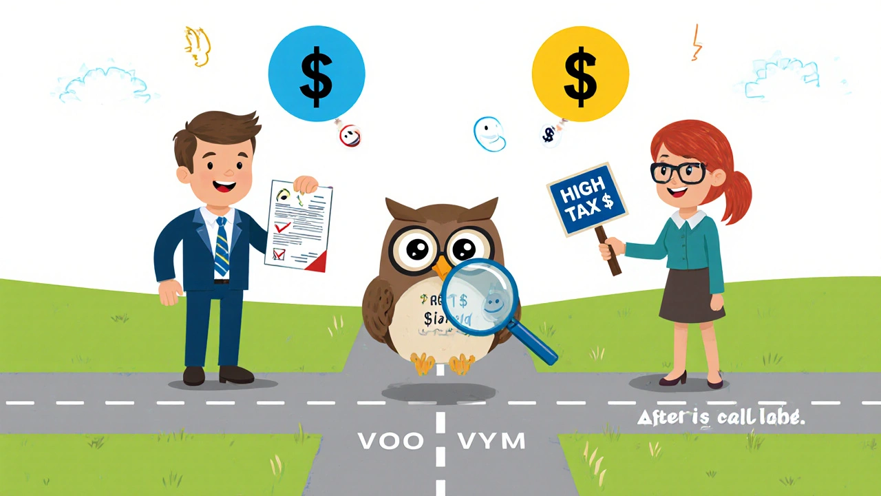 Two investors at a fork in the road, one with qualified dividends, the other with disqualified, guided by an owl.
