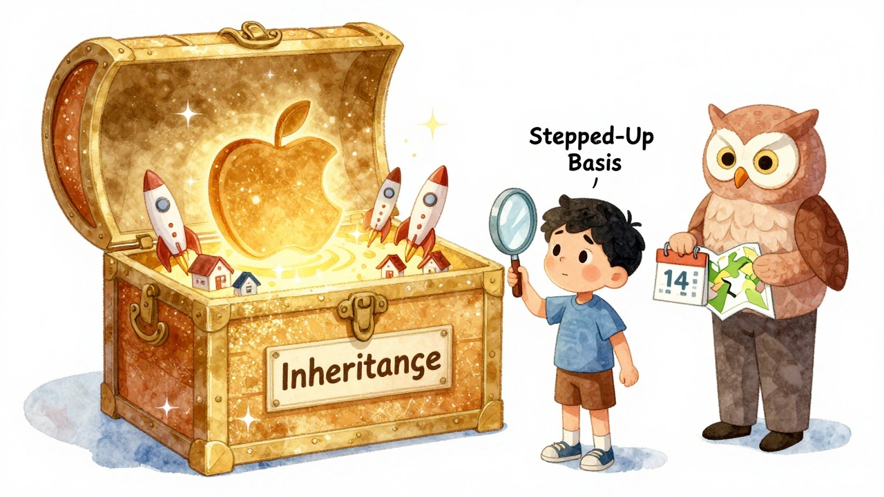 A child examining an inheritance treasure chest filled with concentrated stock, guided by an owl advisor.