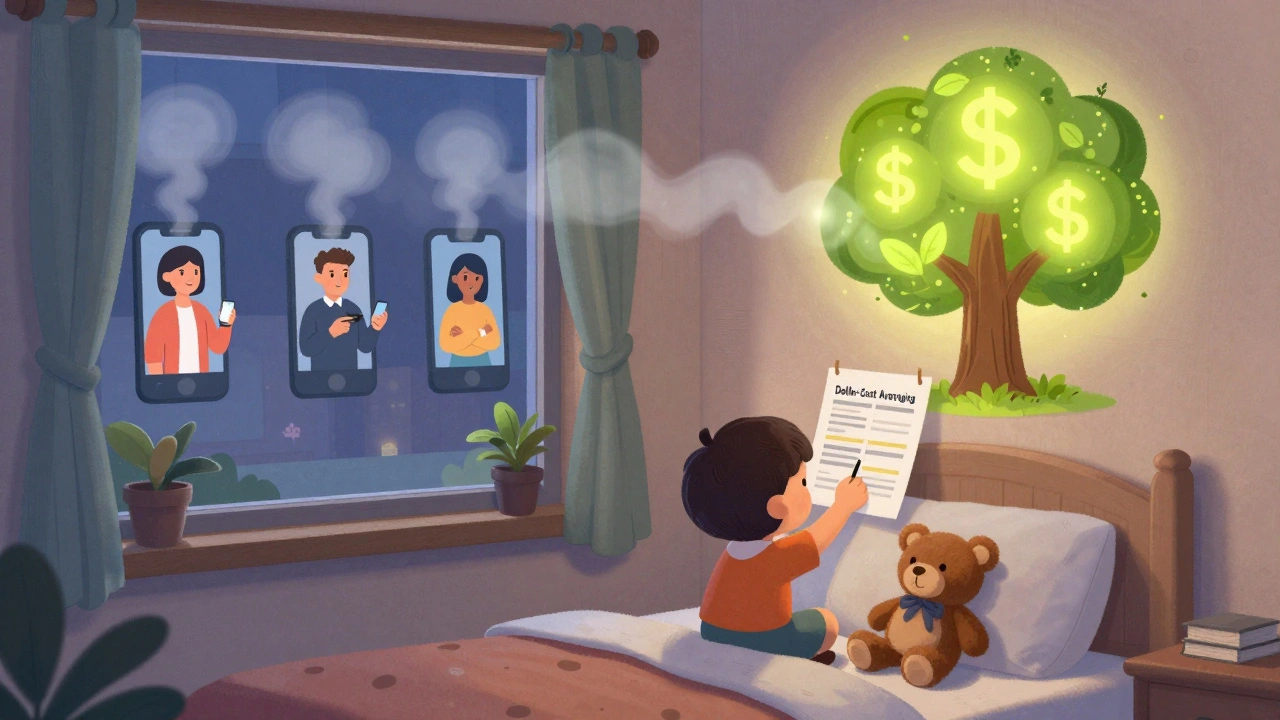 A child taping an investment plan to their wall as social media influencers fade away, replaced by a growing dollar tree.