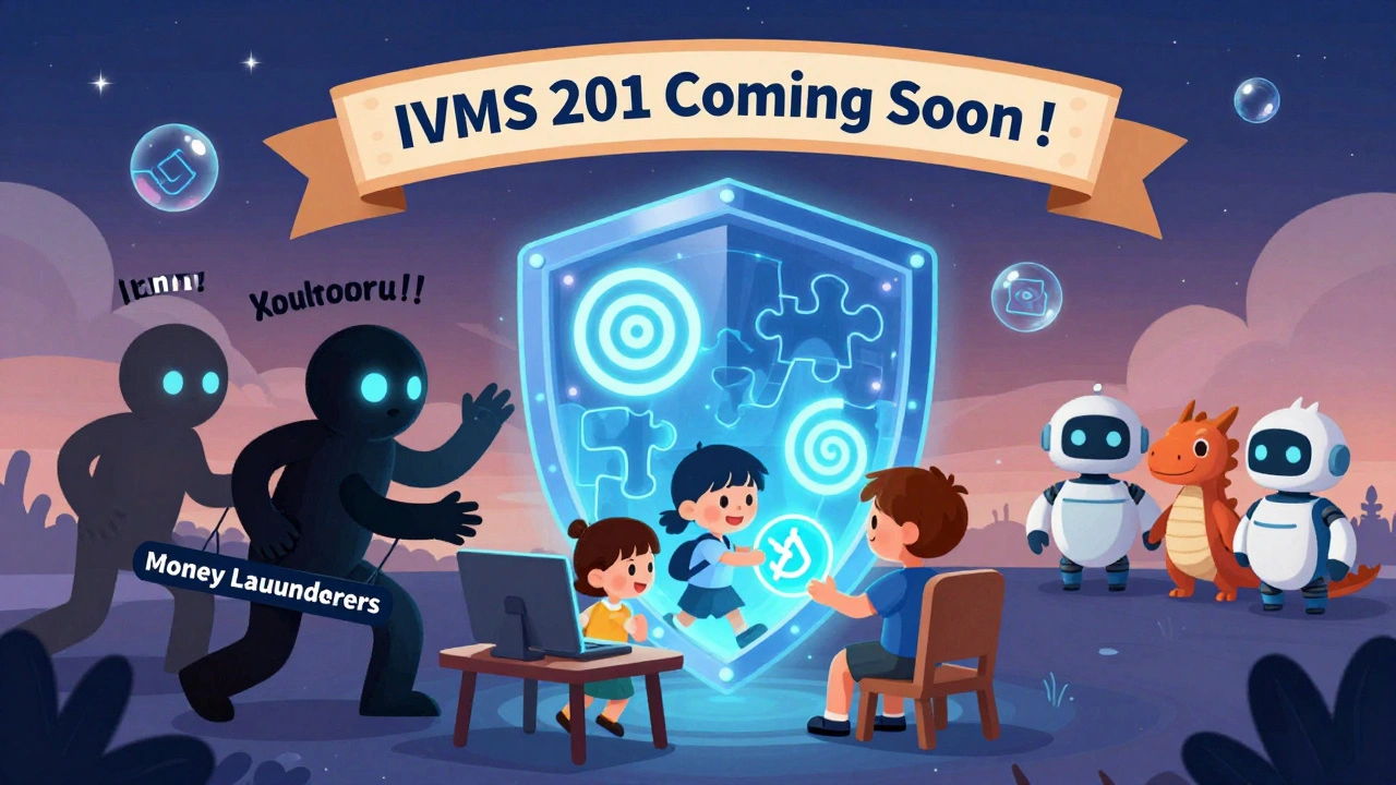 A glowing shield of privacy tech protecting a family sending crypto, while bad actors bounce off, with IVMS 201 banner above.