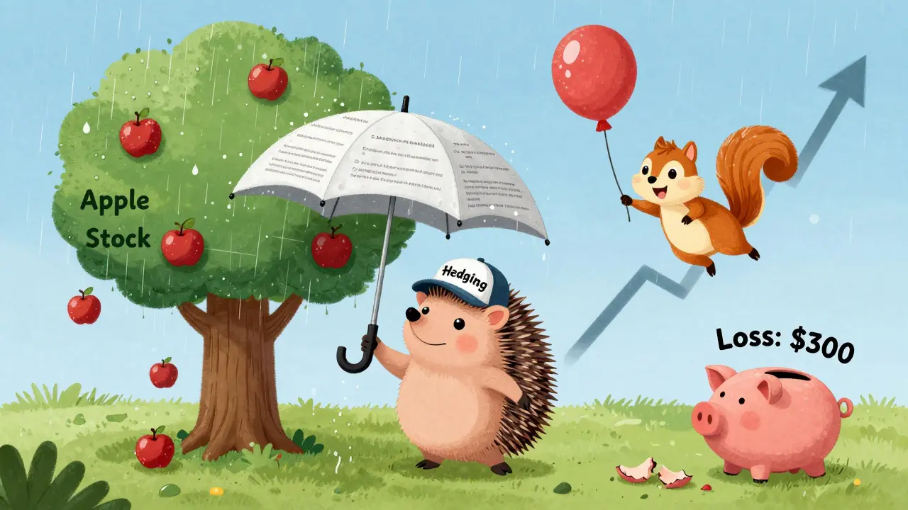 A hedgehog uses a call option umbrella to protect a falling apple tree while a squirrel floats upward with a rising stock balloon.