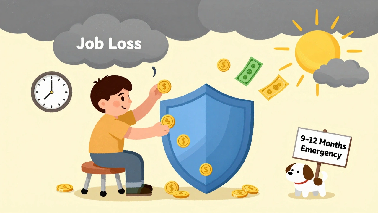 A person building a safety shield with cash and bonds after job loss, while stocks float away safely.