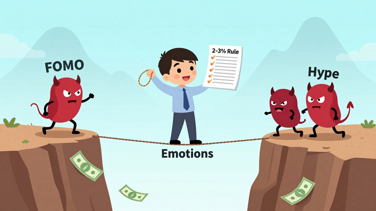 A small investor on an emotional tightrope holding a stop-loss rope, avoiding falling dollar bills.