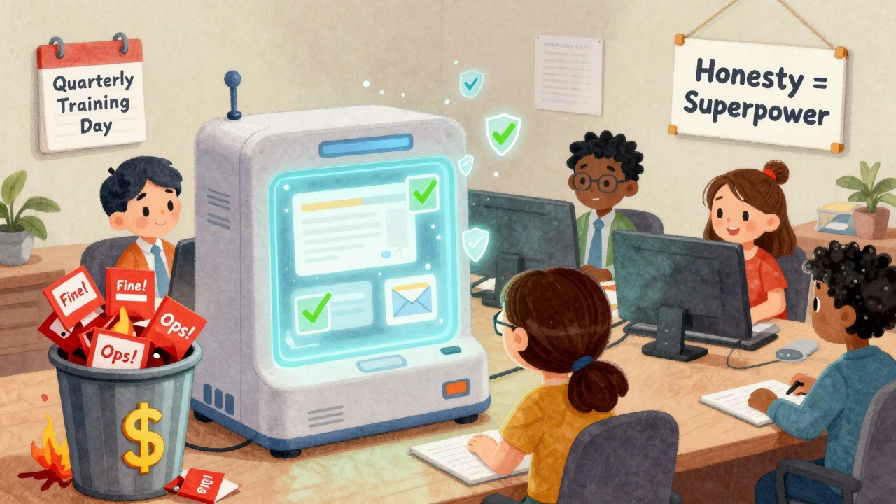 A team using a glowing machine that turns ads into shields, with failed ads burning in a trash can.