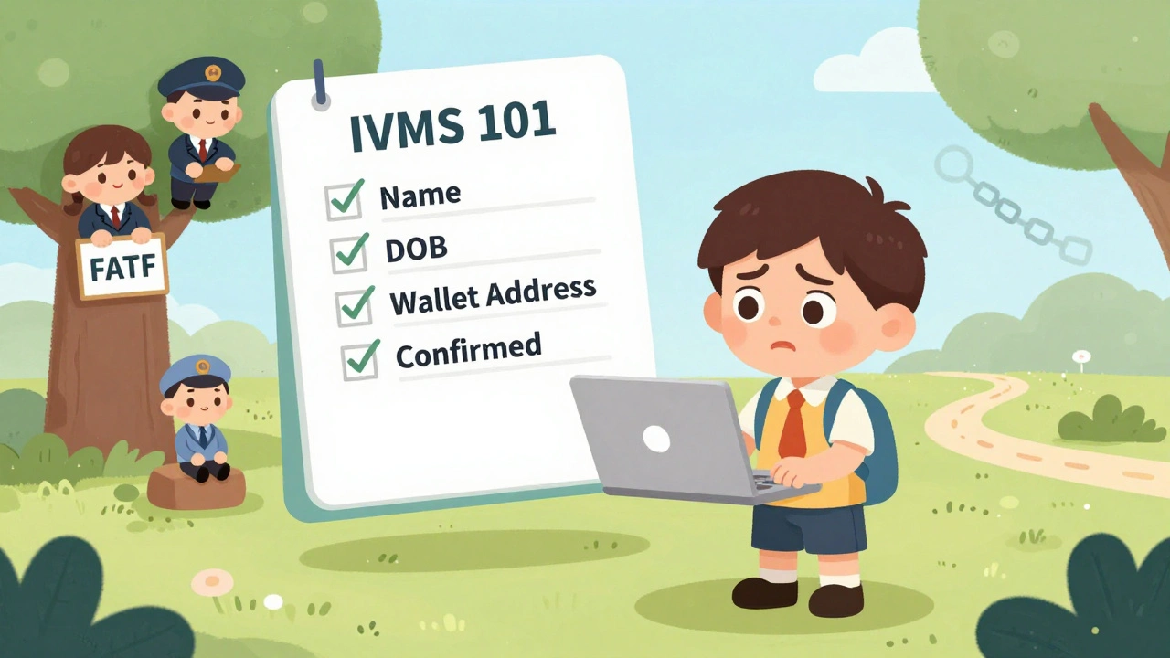 A user confused by a repeated address request, with a giant compliance checklist and FATF officers watching in a cartoonish scene.
