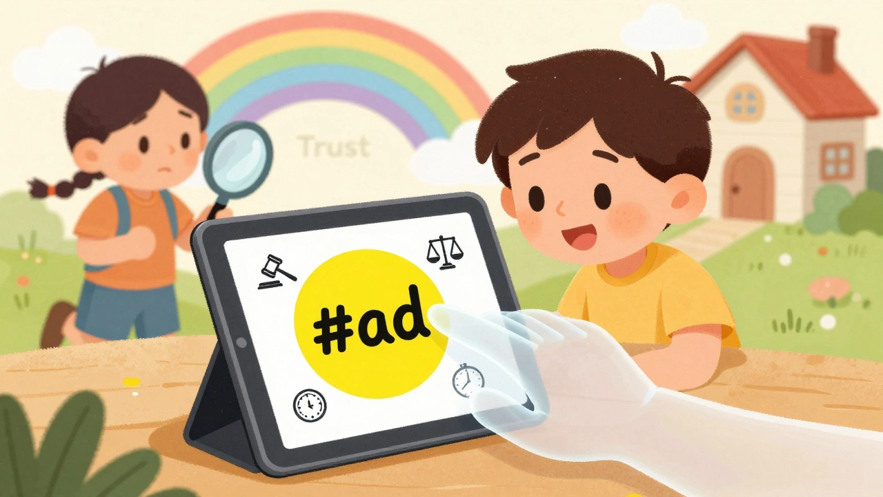 An influencer posting with a visible #ad sticker, while a customer examines the post with curiosity.