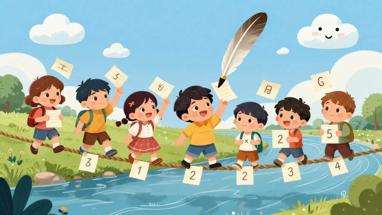 Children pass transaction notes across a rope bridge, with a magic quill correcting errors above them.