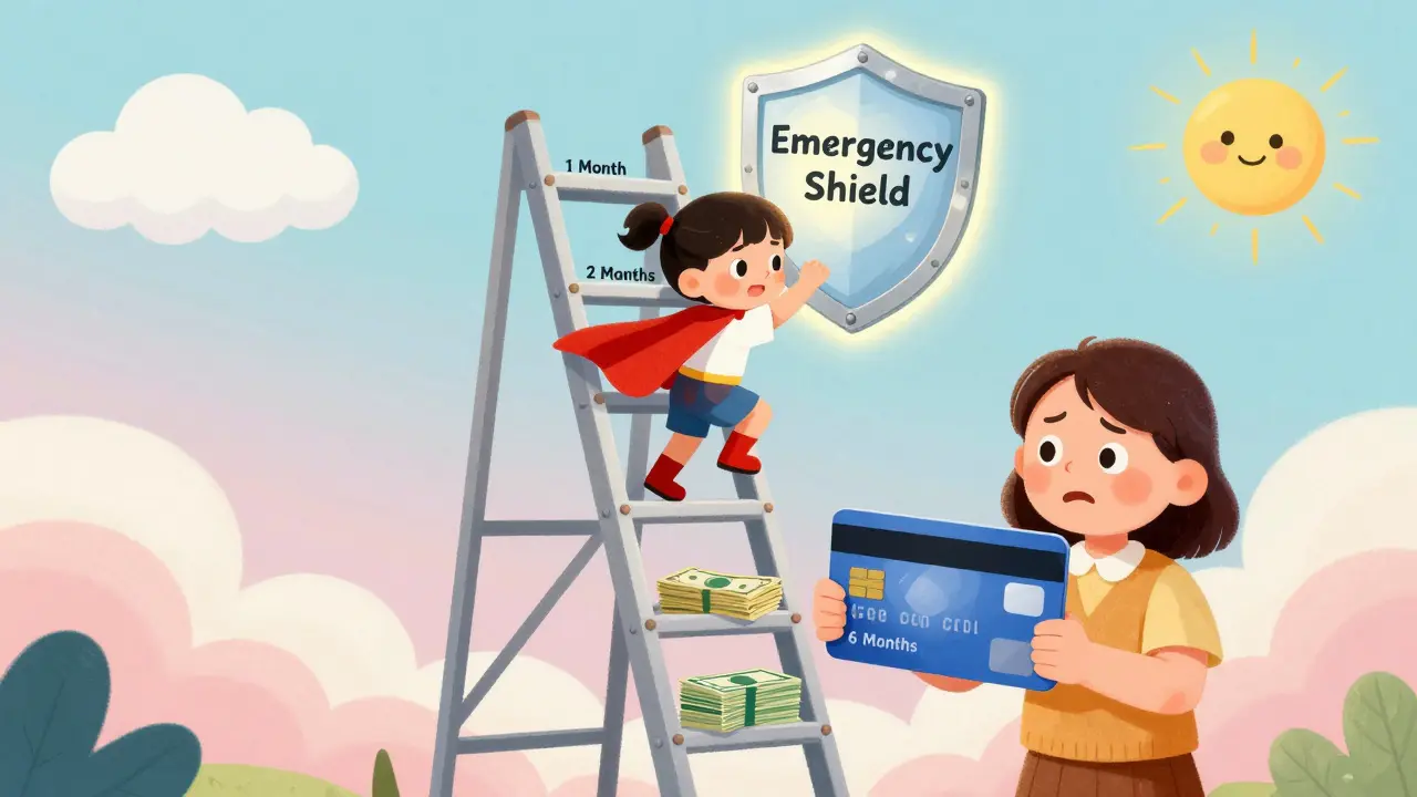 A girl in a superhero cape climbs a ladder of emergency savings goals under a protective shield.