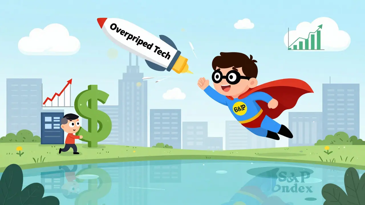 A superhero flying over a city of dollar signs, dodging rockets while rescuing a company with a steady earnings graph.