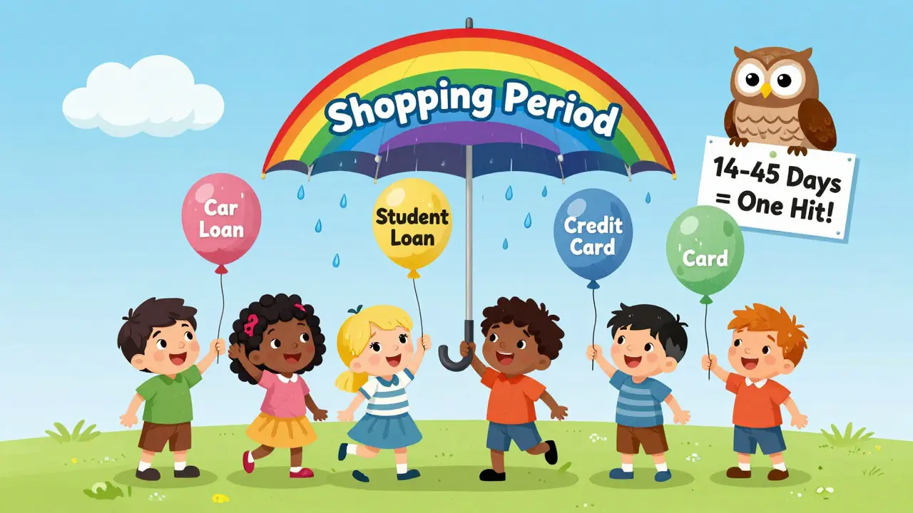 Children holding loan balloons under a rainbow umbrella labeled 'Shopping Period' as raindrops of hard pulls bounce off safely above.