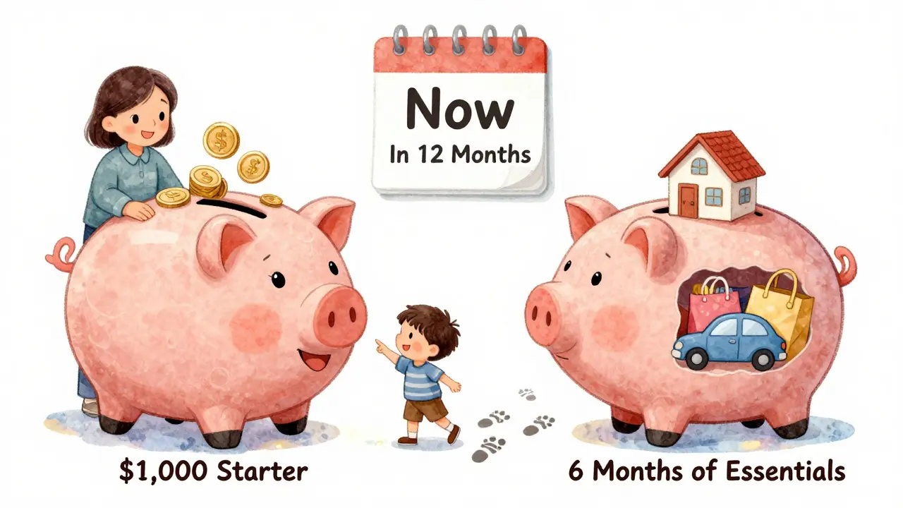 Two piggy banks connected by a glowing path, showing starter fund and six-month target side by side.